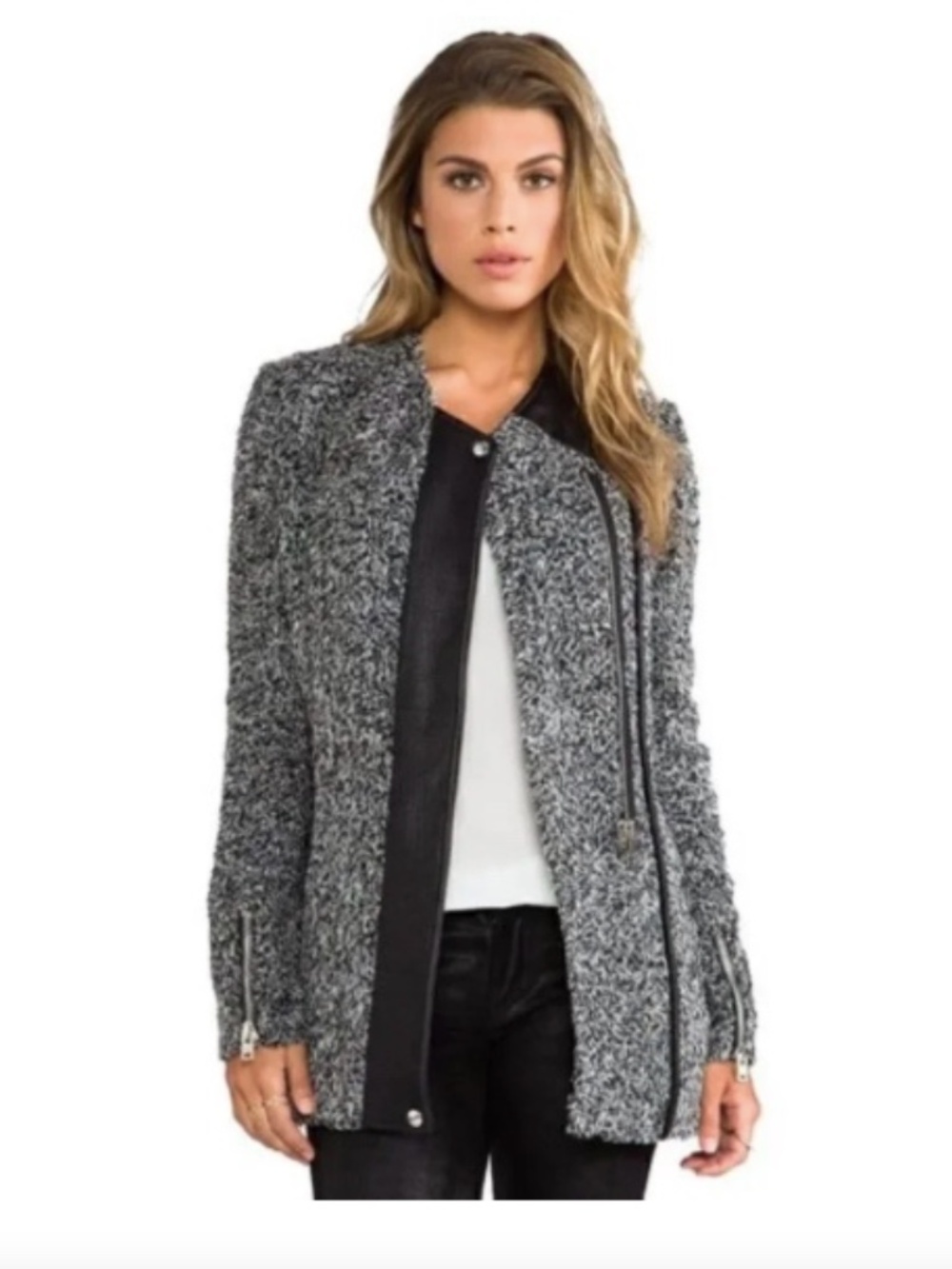IRO Derby Boucle Knit Leather Trim Full Zip Jacket in Gris Souris